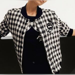 $275 Karl Lagerfeld Tweed Bomber Jacket Womens L Gingham Check Logo Snaps Patch